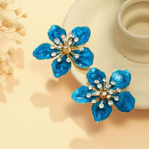 Women's Blue Rhinestone Beauty Cute Flower Statement Dainty Stud Earrings - Picture 4 of 4